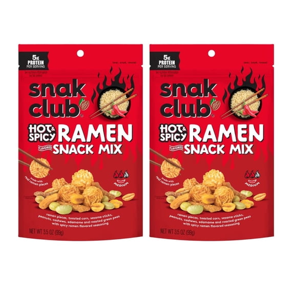 2 Count Snak Club Hot & Spicy Ramen Snack Mix, Crunchy Savory Spicy Snack 3.5oz Bags