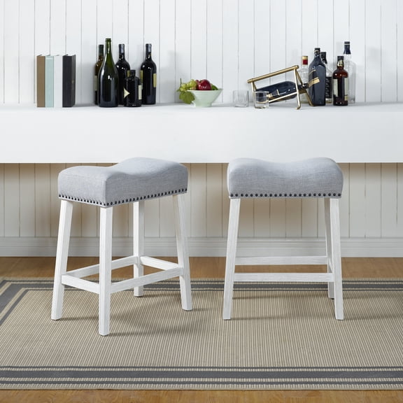 2 Counter Height Stools - White-washed, Gray Saddle Fabric 2pcs Seat Chair Covering