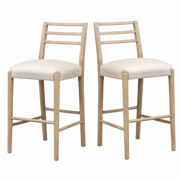 2 Counter Stools with Ladder Back, Beige Fabric Upholstered Seat and Rubberwood Frame for Kitchen Island