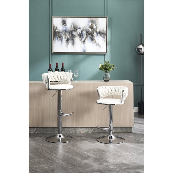 2 Cream-colored Bar Stools | Height Adjustment for Bar & Office, Rotation Feature | Metal Base with Chrome Treatment | Relaxing Seating with High Resilience Material