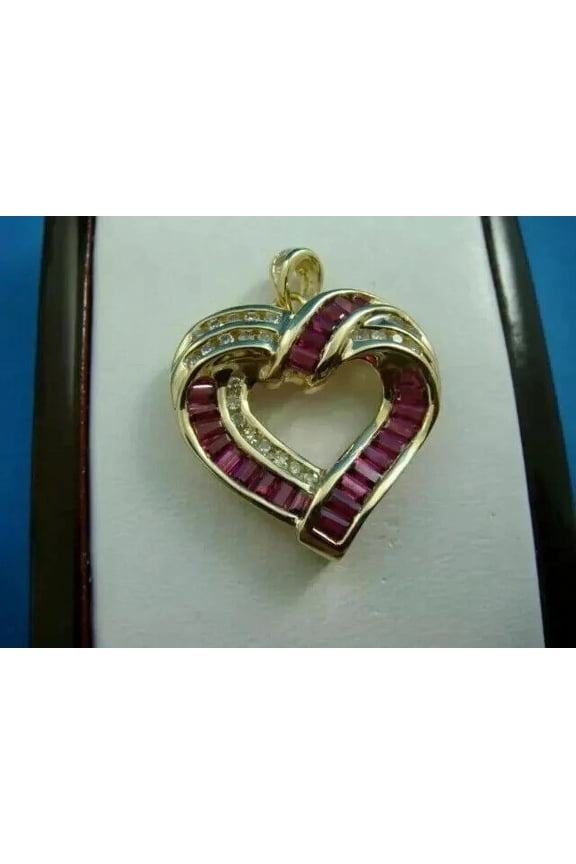 2 Ct Baguette Cut Lab Created Ruby Heart Pendant 14K Yellow Gold Plated Silver