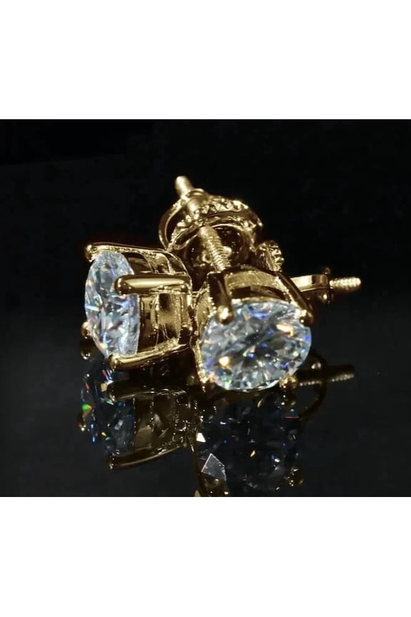 2 Ct Certified White Diamond Solitaire Studs, Yellow Gold Finish-Great Sparkle.