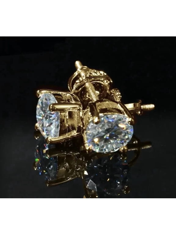 2 Ct Certified White Diamond Solitaire Studs, Yellow Gold Finish-Great Sparkle.