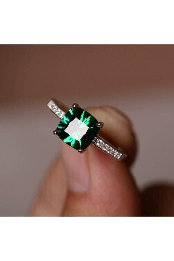 2 Ct Cushion Cut Lab Created Green Emerald Engagement Ring 14K White Gold Plated Sterling Silver