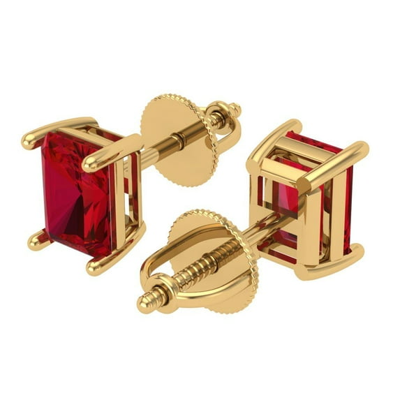2 Ct Emerald Cut Studs Red Ruby 14K Yellow Solid Solid Gold Everyday Dainty Earrings Screw Back