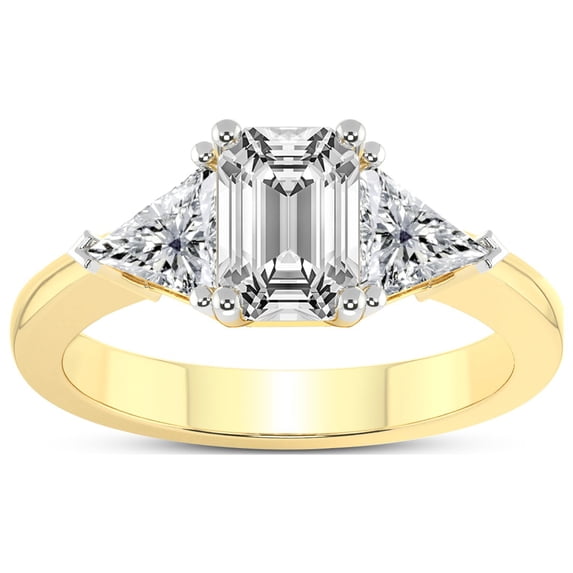 2 Ct IGI Certified Emerald Shape Lab Grown Diamond Engagement Ring | 14K Yellow Gold |Caroline Three Stone Side Trillion Diamond Ring | FG-VS1-VS2 Quality Friendly Diamonds