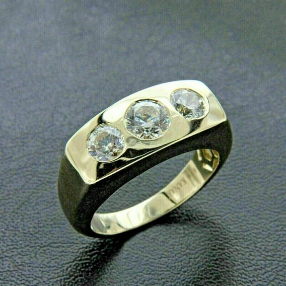 2 Ct Lab Created Diamond 3 Stone Wedding Men's Band Ring 14K Yellow Gold Plated