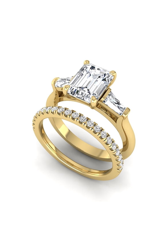 2 Ct Lab Grown Diamond Engagement Ring Set for Women, IGI Certified F Color VVS2 Clarity Emerald Cut 14K Yellow Gold Three Stone Wedding Ring Set 9 US