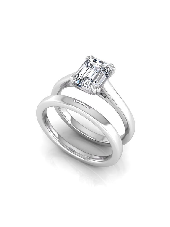 2 Ct Emerald Cut Lab Grown Diamond Solitaire Bridal Wedding Ring Set for Women, 14K White Gold, IGI Certified 2 Carat F VVS2, 7 US