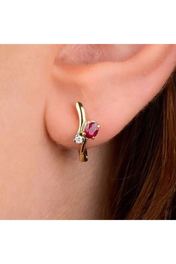 "2 Ct Oval Cut Simulated Red Ruby Women's Hoop Earrings - 14K Yellow Gold Plated"