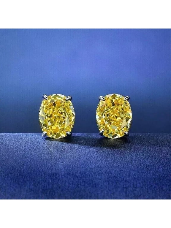 2 Ct Oval Shape Lab-Created Yellow Diamond Solitaire Stud Earrings 14K White Gold Finish