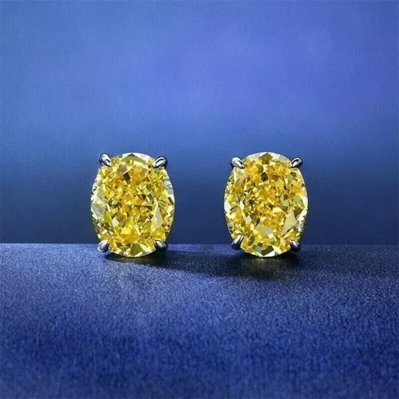 2 Ct Oval Shape Lab-Created Yellow Diamond Solitaire Stud Earrings 14K White Gold Finish