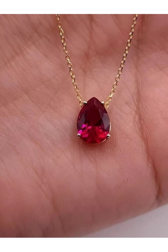 2 Ct Pear Cut Lab Created Red Ruby Solitaire Pendant Necklaces 18" 14K Yellow Gold Plated