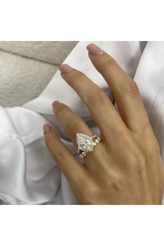 2 Ct Pear Cut Moissanite Women's Wedding Bridal Set Ring 14K White Gold Plated