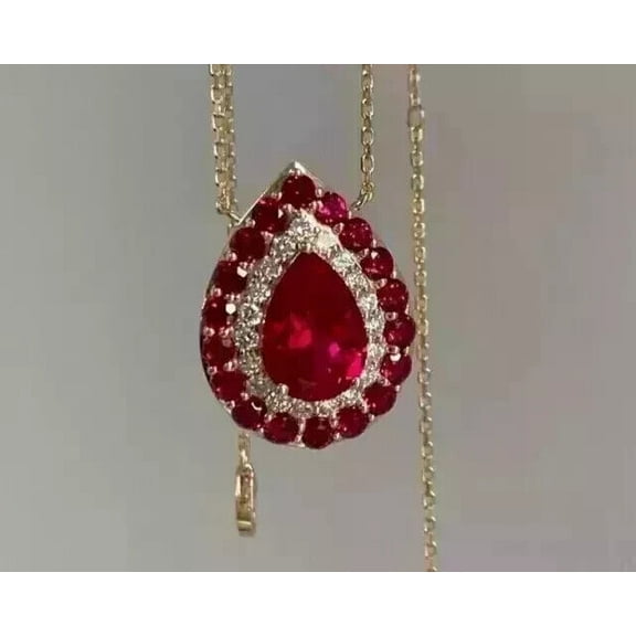 2 Ct Pear Cut Simulated Red Ruby Halo Pendant 14k Yellow Gold Plated