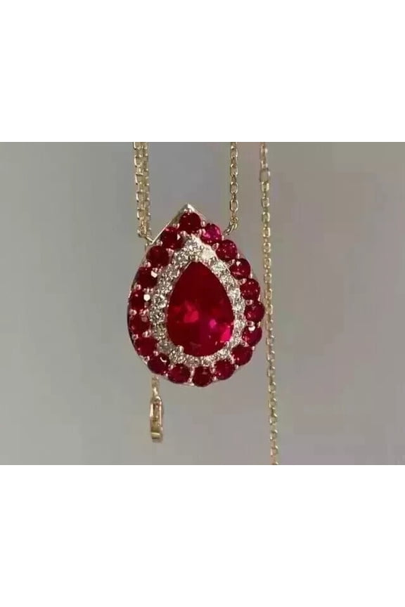 2 Ct Pear Cut Simulated Red Ruby Halo Pendant 14k Yellow Gold Plated
