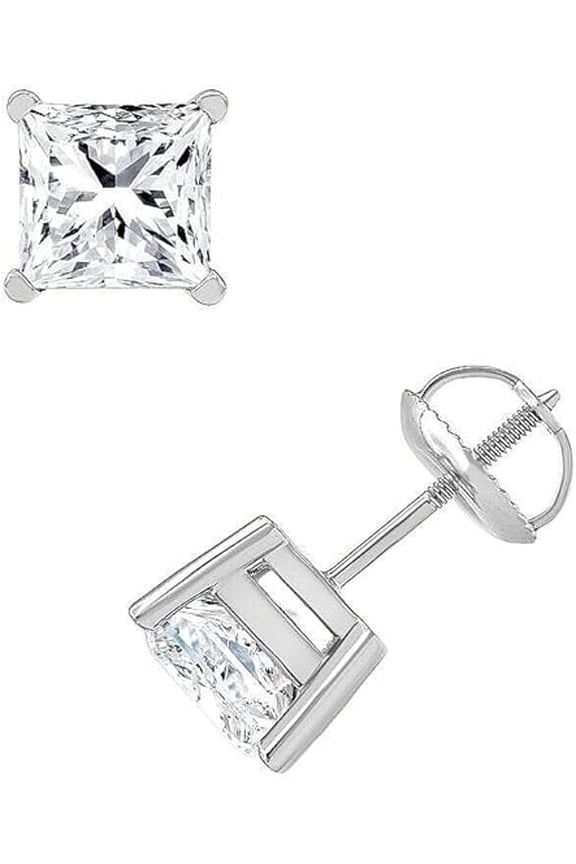 2 Ct Princess Cut Real Moissanite Women Screw Back Stud Earrings For Wedding & Engagement 14k White Gold Plated 925 Silver