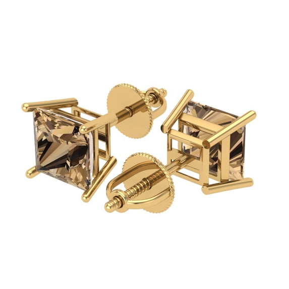 2 Ct Princess Cut Studs Champagne Crystal 14K Yellow Solid Gold Everyday Dainty Earrings Screw Back