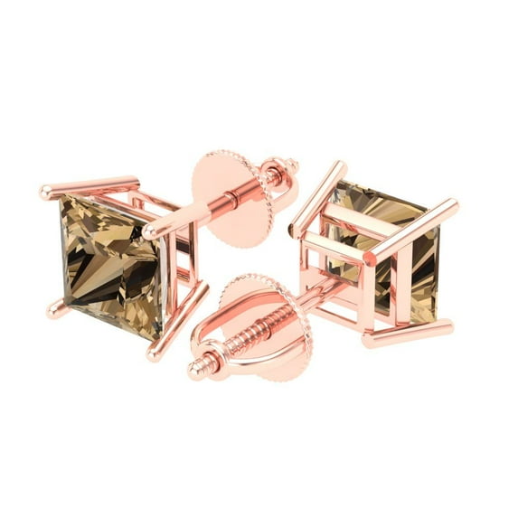 2 Ct Princess Cut Studs Champagne Crystal 18K Rose Solid Gold Everyday Dainty Earrings Screw Back