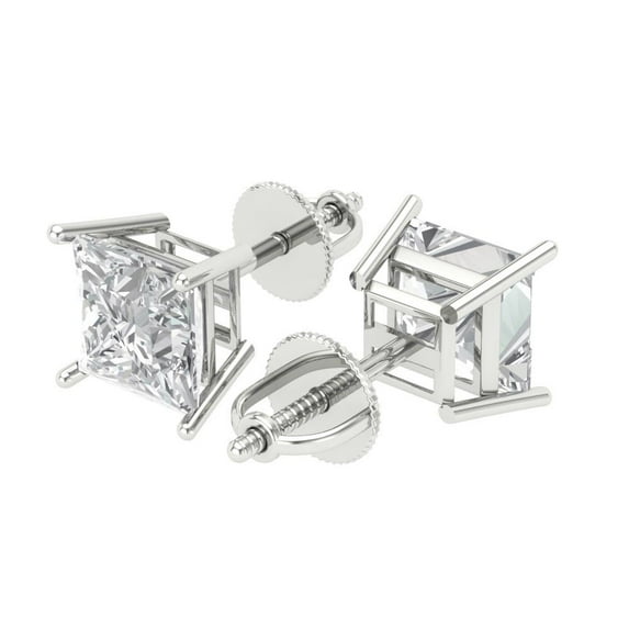 2 Ct Princess Cut Studs Clear Moissanite 18K White Solid Solid Gold Everyday Dainty Earrings Screw Back