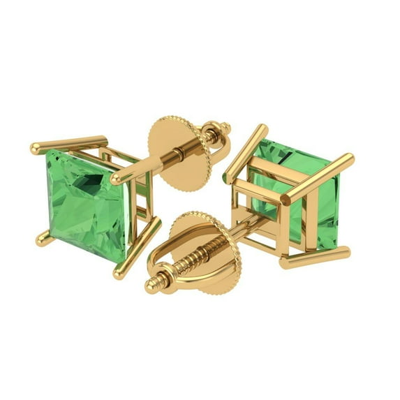 2 Ct Princess Cut Studs Green Crystal 14K Yellow Solid Gold Everyday Dainty Earrings Screw Back