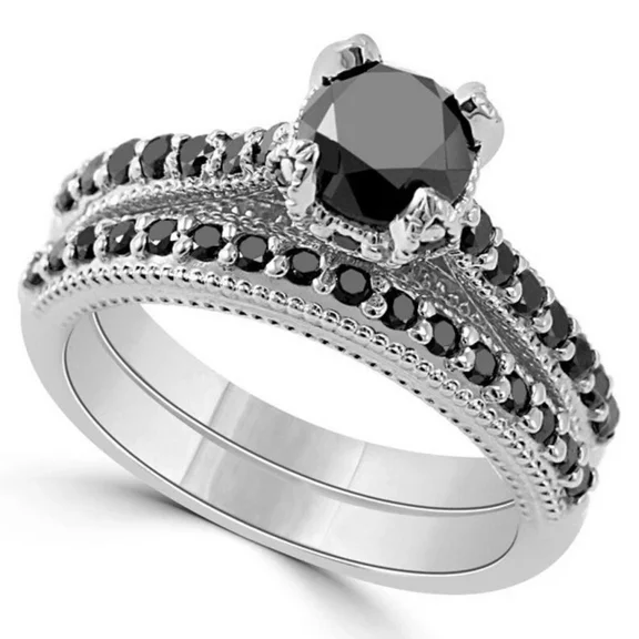 2 Ct Round Black Diamond Simulated Matching Women Bridal Ring Set 14K White Gold Plated