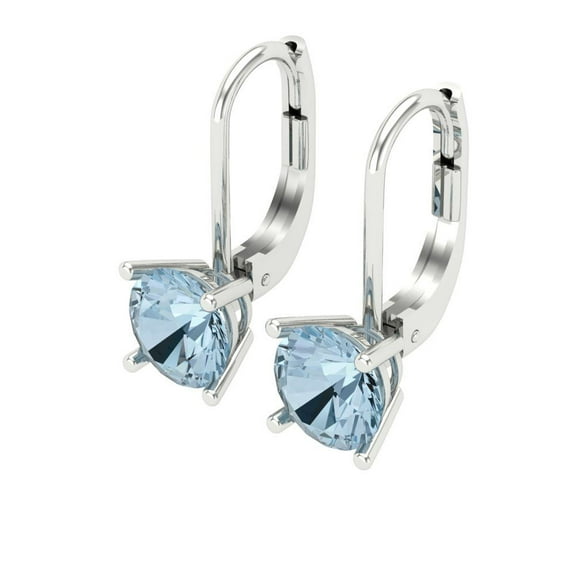 2 Ct Round Cut Drop Dangle Blue Crystal 18K White Solid Gold Everyday Dainty Earrings Lever Back