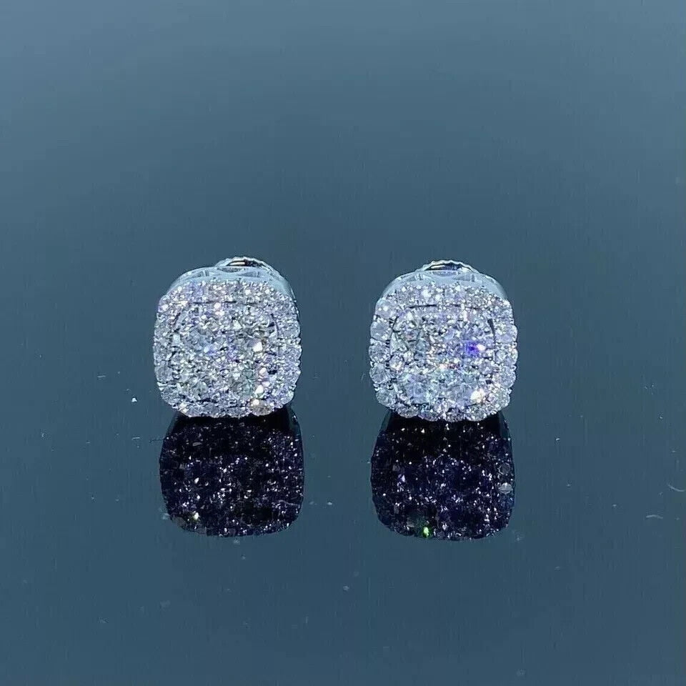 2 Ct Round Cut Lab Created Created Diamond Men's Cluster Stud Earrings 14K White Gold Plated