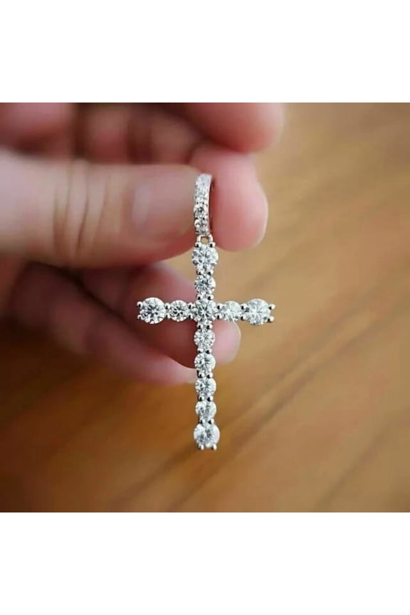 2 Ct Round Cut Lab-Created Diamond CROSS Pendant 14k White Gold Plated