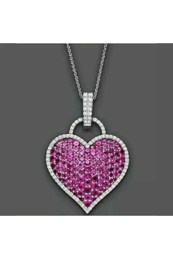 2 Ct Round Cut Lab Created Pink Ruby Cluster Heart Pendant 14K White Gold Plated