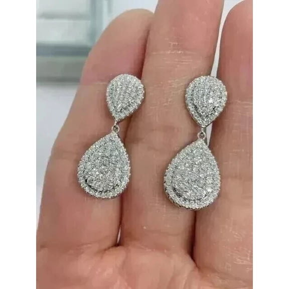 2 Ct Round Cut Moissanite Cluster Teardrop Earrings 14k White Gold Plated