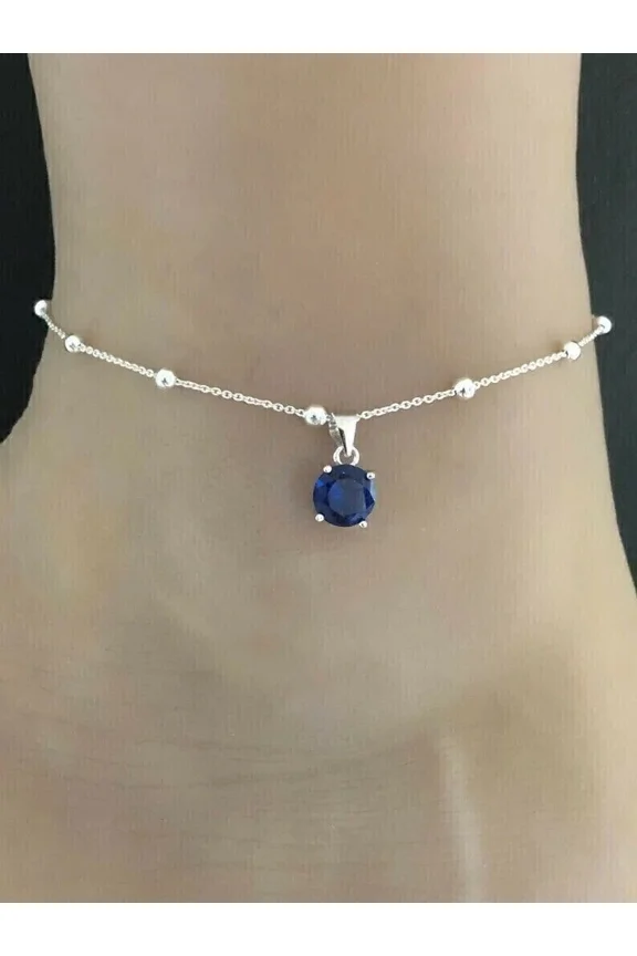 2 Ct Round Cut Simulated Blue Sapphire Solitaire 8" Women's Anklet 14K White Gold Plated 925 Silver