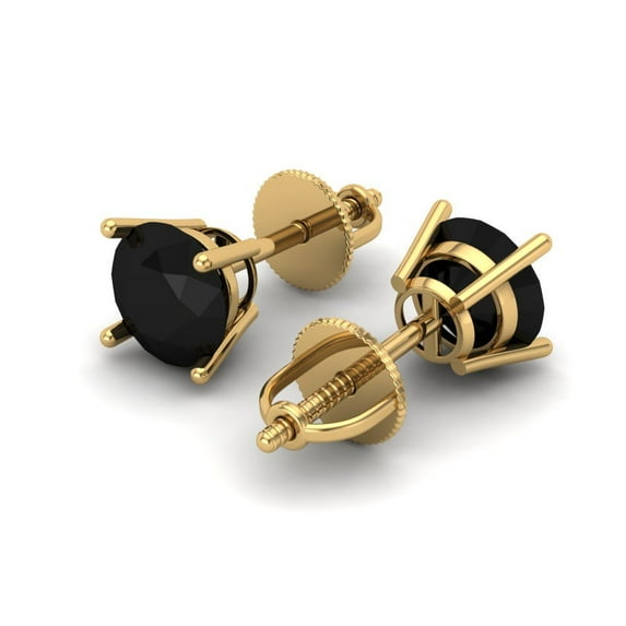 2 Ct Round Cut Studs Black Natural Onyx 14K Yellow Solid Solid Gold Everyday Dainty Earrings Screw Back