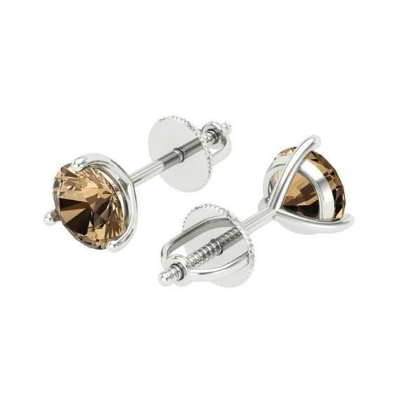 2 Ct Round Cut Studs Champagne Crystal 14K White Solid Gold Everyday Dainty Earrings Screw Back