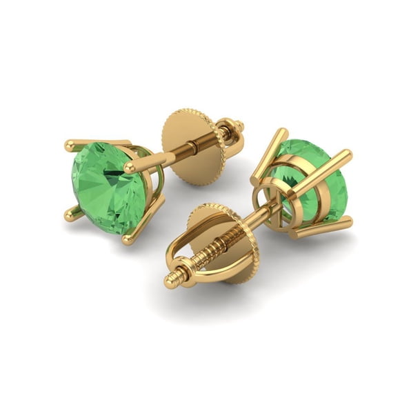 2 Ct Round Cut Studs Green Crystal 14K Yellow Solid Gold Everyday Dainty Earrings Screw Back