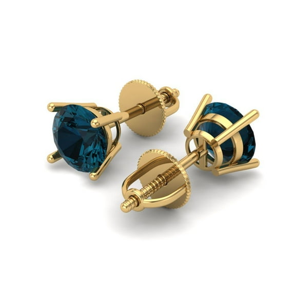 2 Ct Round Cut Studs Natural London Blue Topaz 18K Yellow Solid Solid Gold Everyday Dainty Earrings Screw Back
