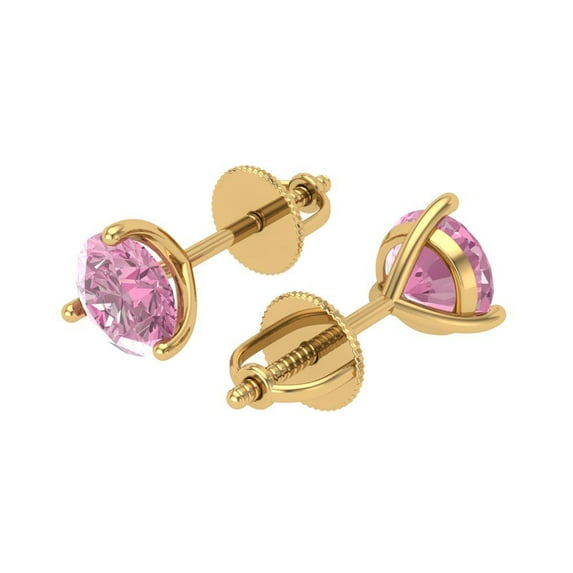 2 Ct Round Cut Studs Pink Crystal 18K Yellow Solid Gold Everyday Dainty Earrings Screw Back