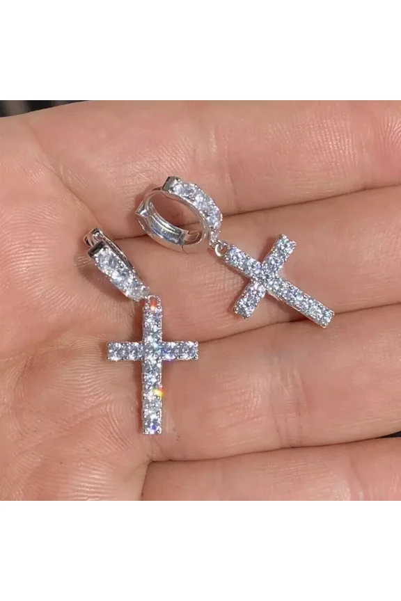 2 Ct Round Cut White MOISSANITE Dangle Cross Men's Earrings 14K White Gold Plated