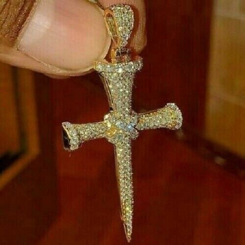 2 Ct Round Cut White Moissanite Charm Nail Cross Pendant 14k Yellow Gold Plated