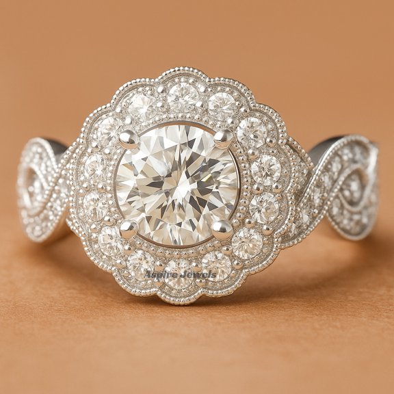 2 Ct Round Cut White Moissanite Cluster Engagement Ring 14K White Gold Plated