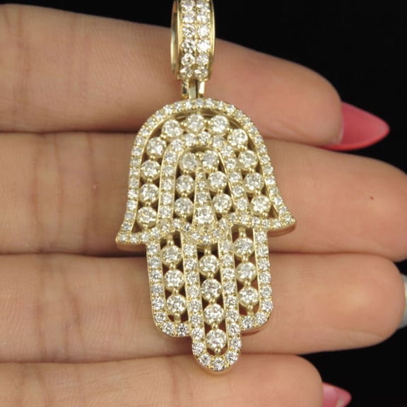 2 CT Round Cut Moissanite 14K Yellow Gold Plated Hamsa Hand Men's Pendant
