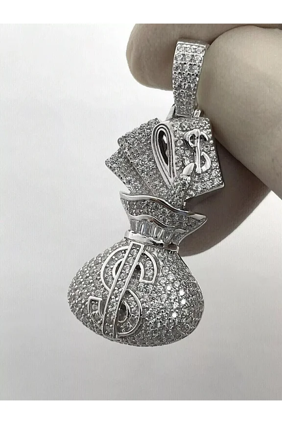 2 Ct Round Cut White Moissanited Dollar Money Bag Men's Pendant 14K White Gold Plated