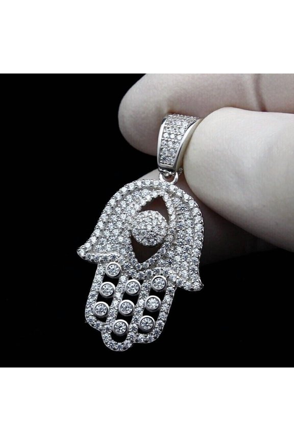 2 Ct Round Lab Created Moissanite 14K White Gold Plated 'Evil Eye Hamsa' Pendant