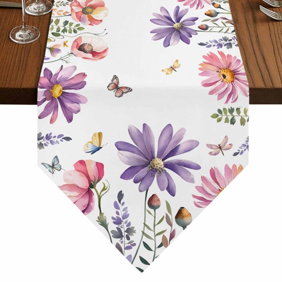 Pink Purple Daisy Table Runner for Dining Room, Butterfly Watercolor Floral Cotton Linen Dining Table Runner Tablecloth Dresser Scarves for Kitchen Cafe 14x72 Inches Long
