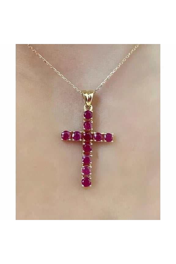 2 Ct Round Simulated Red Ruby Womens Cross Pendant 14K Yellow Gold Plated 925 Sterling Silver