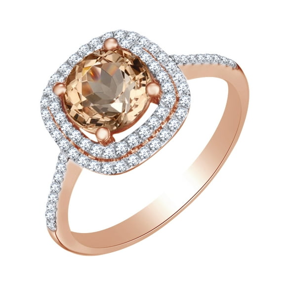 AFFY 2 Ct Simulated Morganite & White Natural Diamond Double Halo Engagement Ring in 10k Rose Gold Ring Size - 13