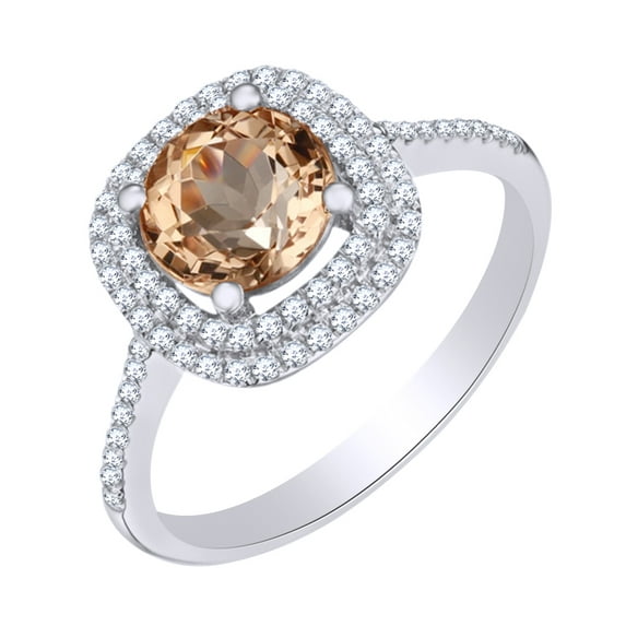 AFFY 2 Ct Simulated Morganite & White Natural Diamond Double Halo Engagement Ring in 10k White Gold Ring Size - 10