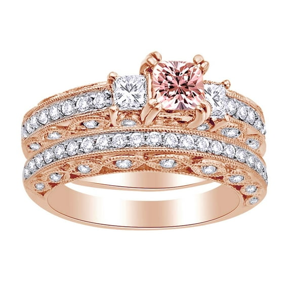 AFFY 2 Ct Simulated Morganite & White Natural Diamond Three Stone Bridal Ring in 10k Rose Gold Ring Size - 10.5