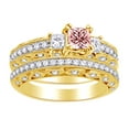 thumbnail image 1 of AFFY 2 Ct Simulated Morganite & White Natural Diamond Three Stone Bridal Ring in 10k Yellow Gold Ring Size - 13.5, 1 of 1
