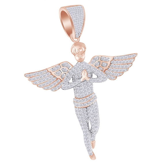 AFFY 2 Cttw Round White Natural Diamond Iced Out Hip Hop Praying Angel Charm Pendant In 14k Solid Rose Gold